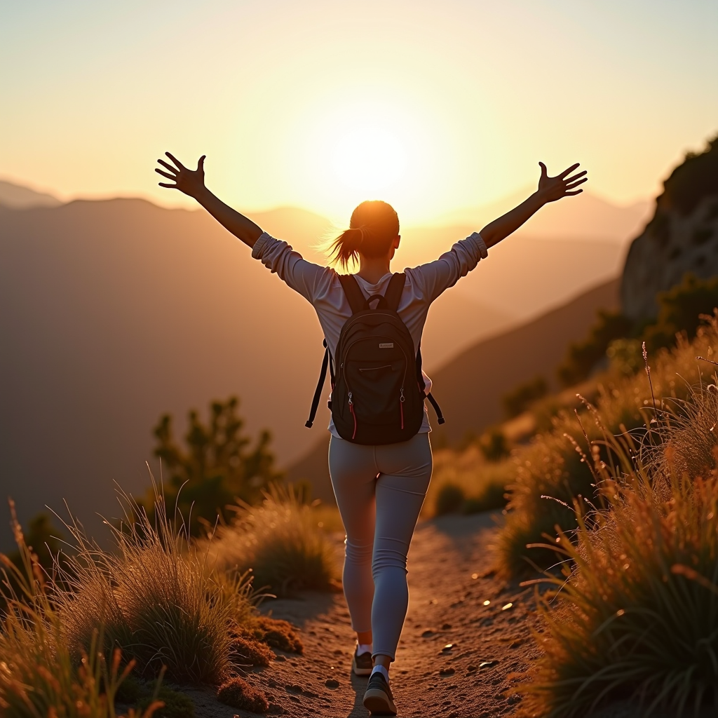 Person joyfully hiking on a scenic mountain trail during golden hour, surrounded by natural landscape, embodying the freedom and vitality of natural movement in nature, wearing comfortable outdoor clothing, with arms outstretched in a gesture of openness and celebration