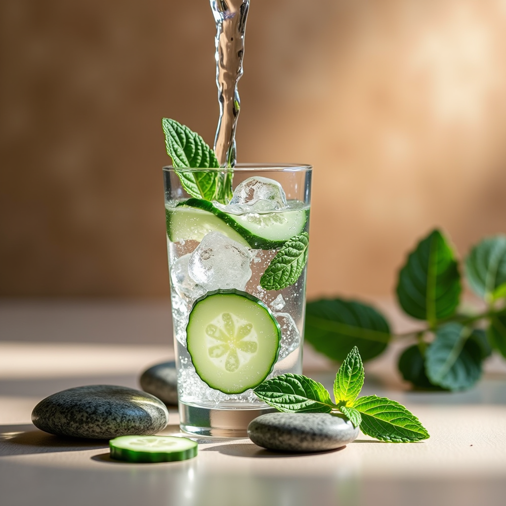 A serene image of crystal-clear water being poured into a glass with fresh mint leaves and cucumber slices, surrounded by natural elements like smooth stones and green leaves, photographed in soft natural lighting with a calming earth-toned background