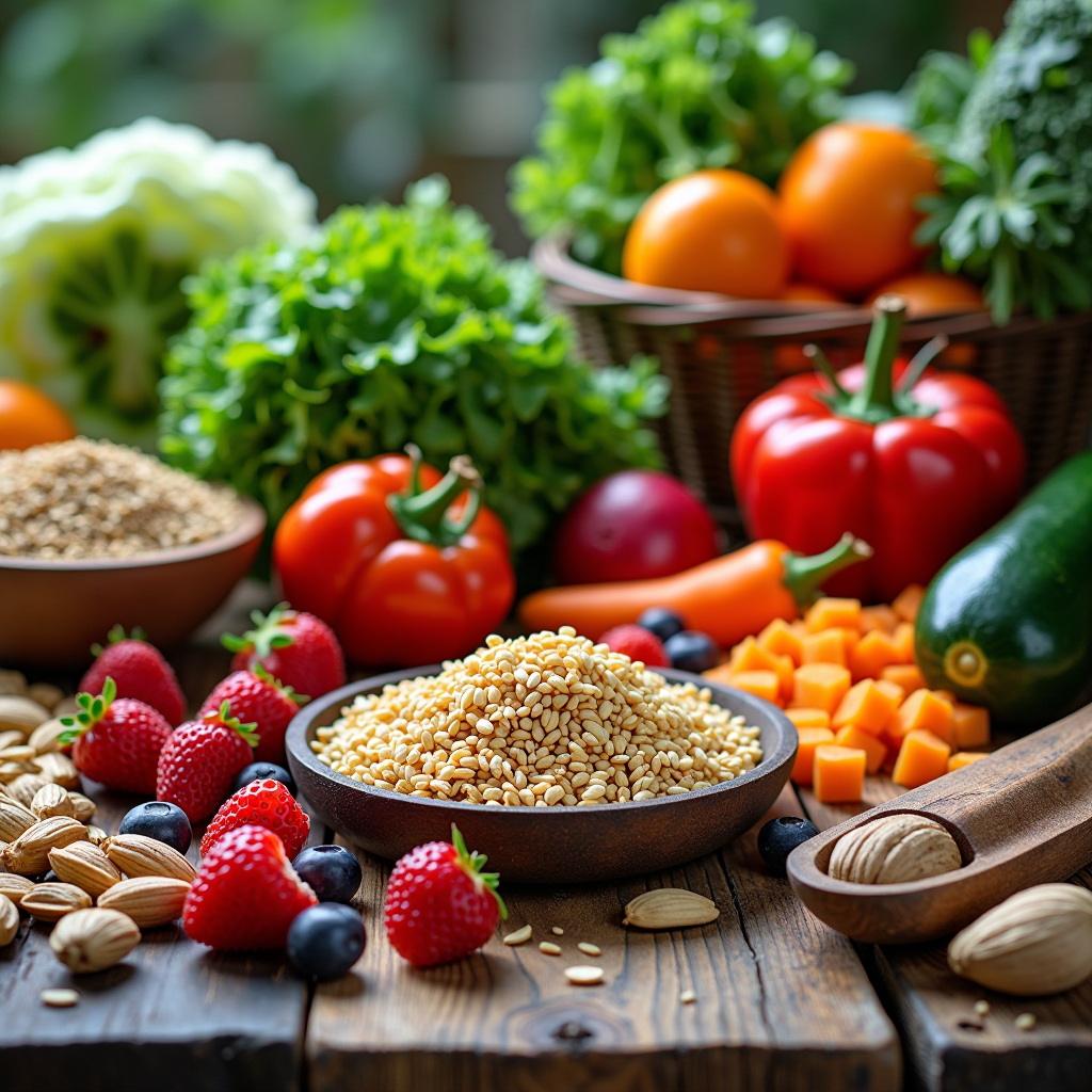 Beautifully arranged fresh vegetables, fruits, whole grains, nuts, and seeds on a rustic wooden table with natural lighting, showcasing colorful produce including leafy greens, vibrant berries, golden grains, and healthy fats, representing whole-body nutrition and mindful eating practices