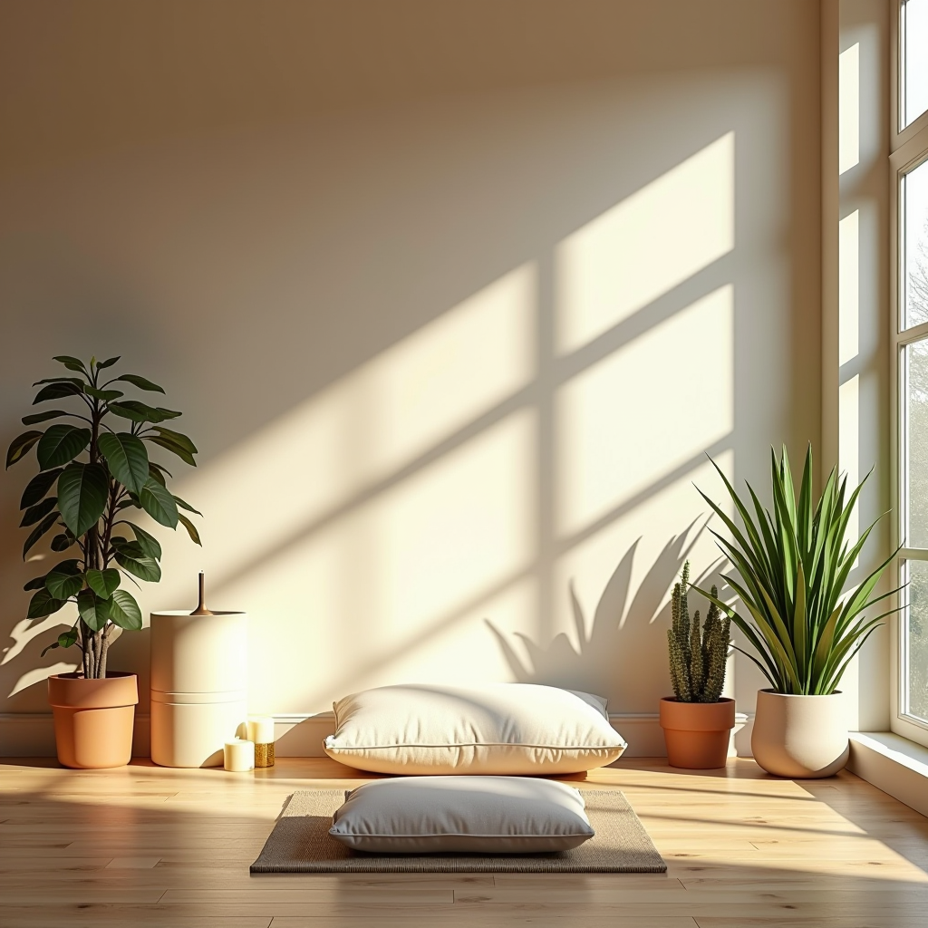 Serene meditation room with soft natural lighting, featuring a comfortable cushion on a wooden floor, surrounded by plants and minimal decor. The space has warm earth tones with cream walls, creating a tranquil atmosphere perfect for mindfulness practice. A small water feature and candles add to the calming ambiance.