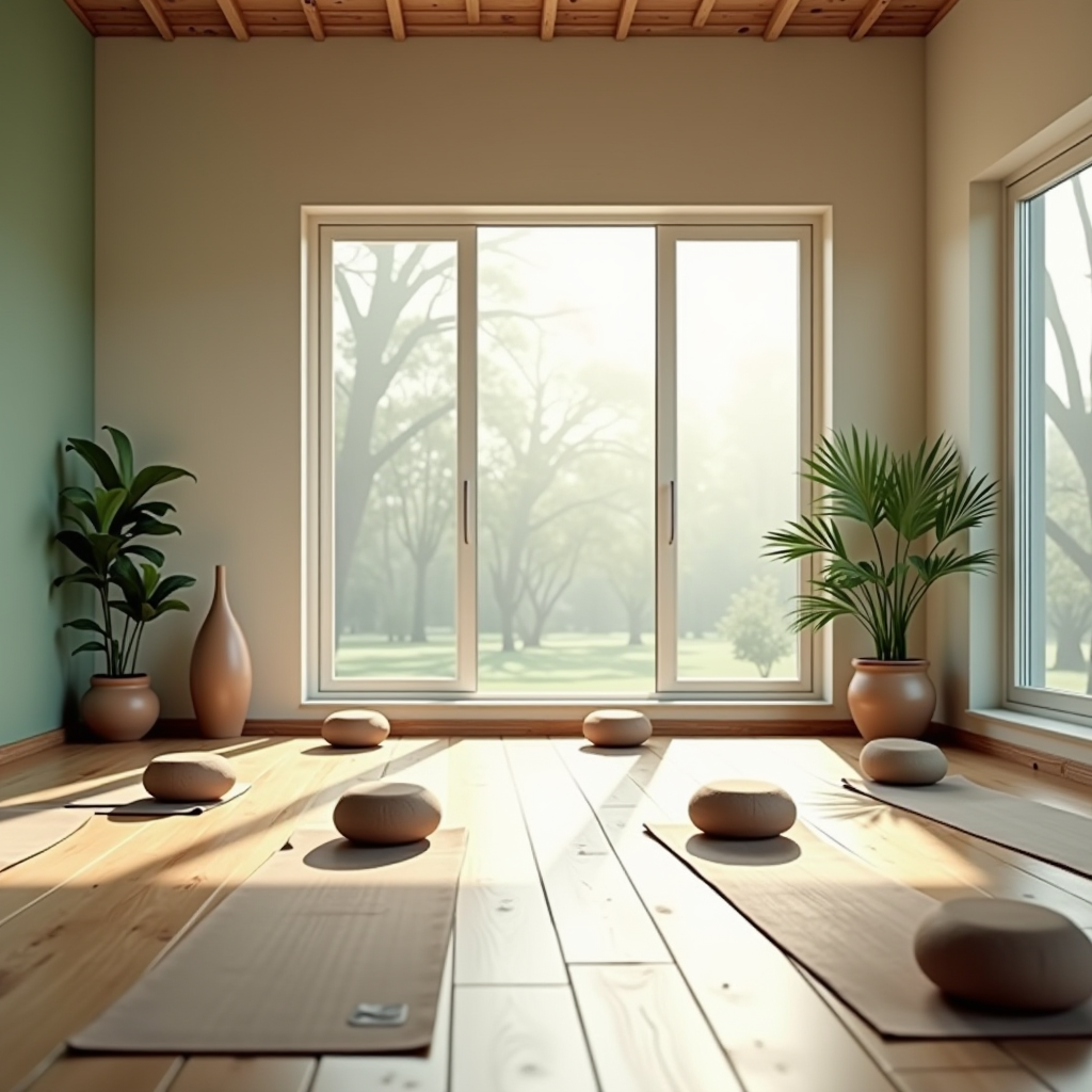 Serene yoga studio with soft natural lighting streaming through large windows, featuring wooden floors, earth-tone yoga mats arranged in a circle, meditation cushions, plants in ceramic pots, and a calm atmosphere with sage green and cream colored walls creating a tranquil space for mindful movement and healing practices