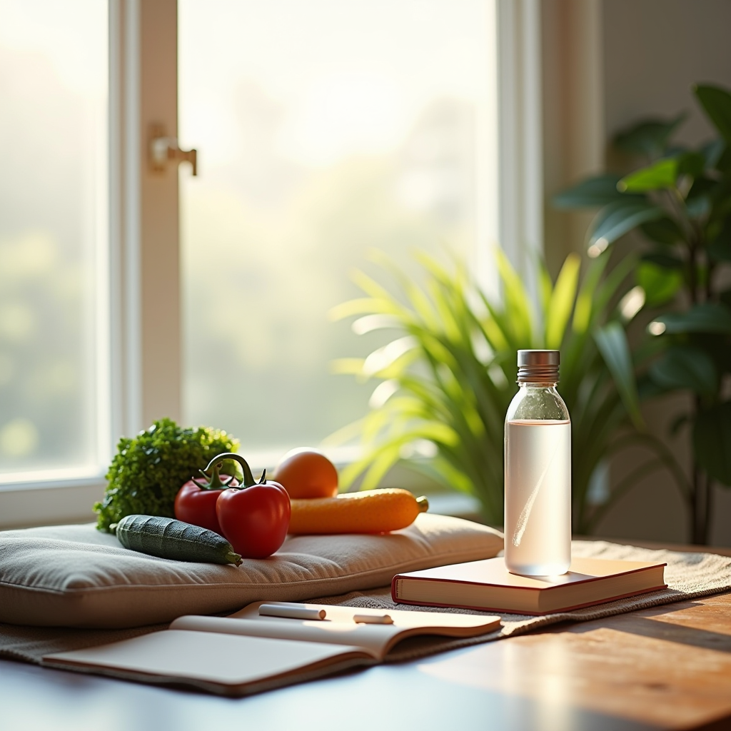 Serene composition showing balanced lifestyle elements including meditation cushion, fresh vegetables, water bottle, journal, and natural light streaming through a window, representing holistic wellness and mindful living practices