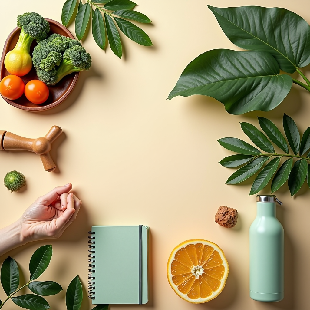 Inspiring composition showing balanced lifestyle elements including fresh healthy food, exercise equipment, meditation space, journal, water bottle, and natural elements arranged harmoniously representing holistic wellness